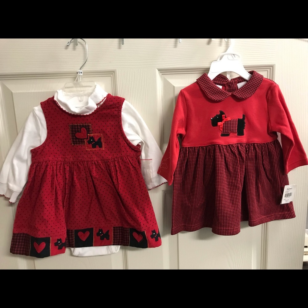 2 Red Long Sleeved Dog Themed Infant Dresses - 12M